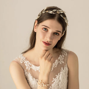 Bridal Headband Leaves Crystal Pearls Bridesmaid Headpiece Women Prom Hairwear