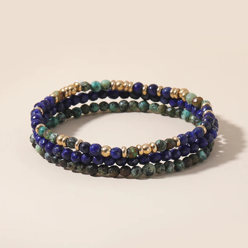 3pc Lapis Lazuli African Turquoise Beads Bracelet Set Stretch Charm Bangle