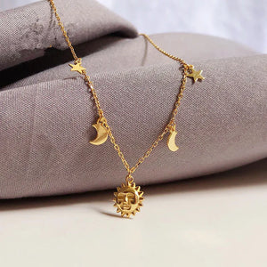 925 Silver Sun Moon Star 14k Chain Necklace Women Jewelry