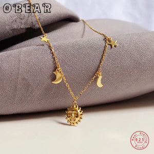 925 Silver Sun Moon Star 14k Chain Necklace Women Jewelry