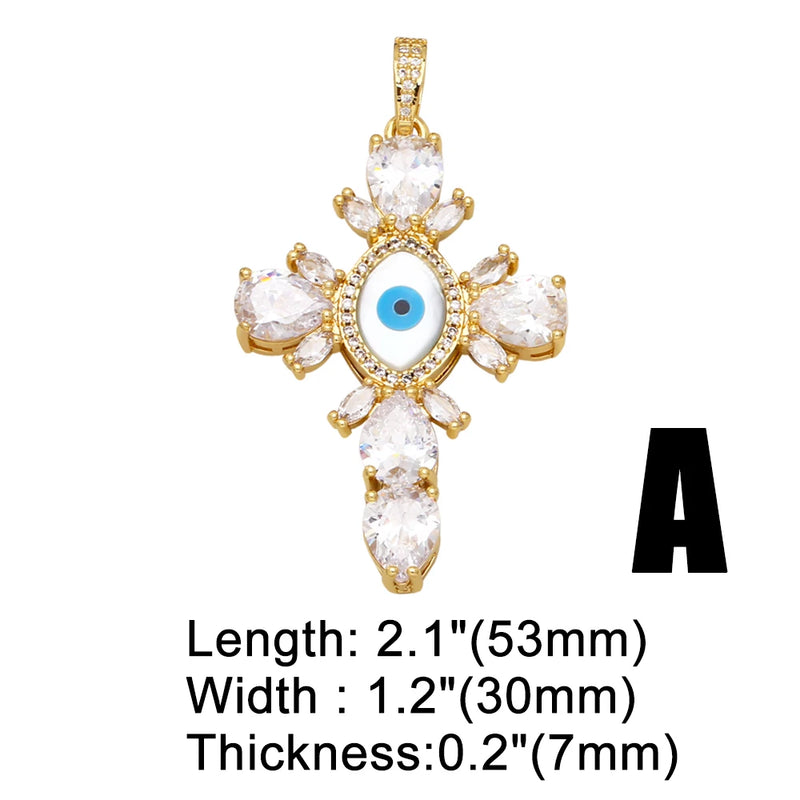Resin Evil Eye Cross Necklace Pendant for Women Copper Plated Heart CZ Crucifix