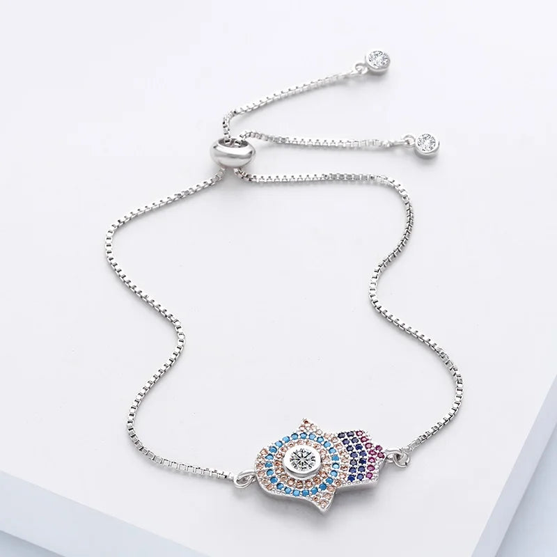 Zircon Hamsa Bracelet Silver Charm Adjustable Women brt-k45