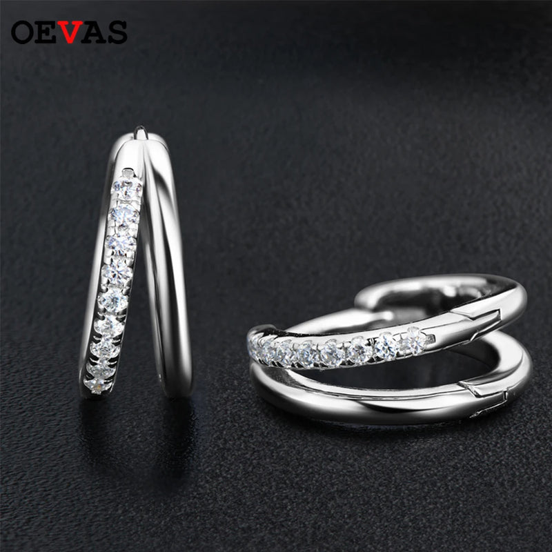 925 Silver Moissanite Double Rings Hoop Earrings Wedding Fine Jewelry