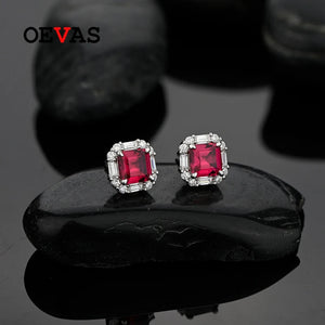 925 Silver Ruby Diamond Stud Earrings 18K Plated Jewelry