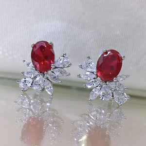 925 Silver Oval Sapphire Ruby Ice Flower Stud Earrings