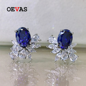 925 Silver Oval Sapphire Ruby Ice Flower Stud Earrings