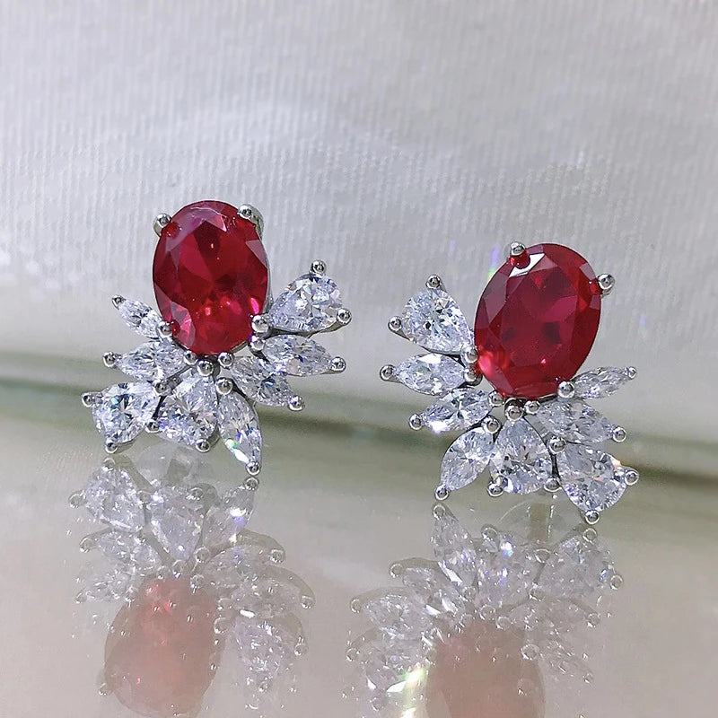 925 Silver Oval Sapphire Ruby Ice Flower Stud Earrings