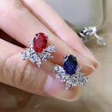 925 Silver Oval Sapphire Ruby Ice Flower Stud Earrings