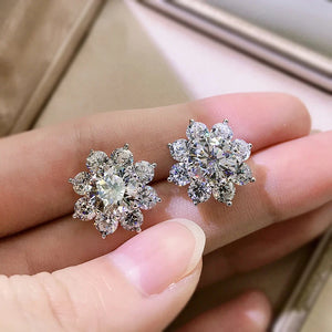 925 Silver Diamond Flower Stud Earrings Wedding Jewelry