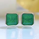 925 Silver Square Emerald Stud Earrings Women Fine Jewelry