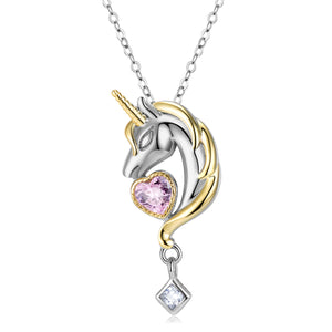 Pink Heart Unicorn Fantasy Pendant 925 Sterling Silver Necklace for Women