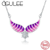 925 Silver Angel Wings Necklace Pink Enamel Charm Pendant for Women