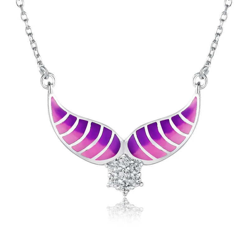 925 Silver Angel Wings Necklace Pink Enamel Charm Pendant for Women