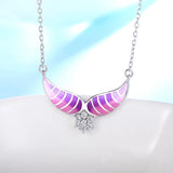 925 Silver Angel Wings Necklace Pink Enamel Charm Pendant for Women