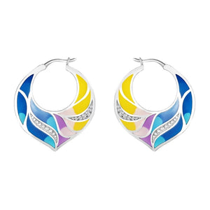 Colorful Peacock Feather Shape Hoop Earrings 925 Sterling Silver Enamel Jewelry