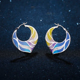 Colorful Peacock Feather Shape Hoop Earrings 925 Sterling Silver Enamel Jewelry