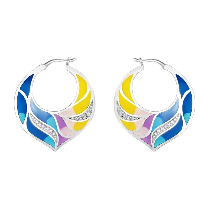 Colorful Peacock Feather Shape Hoop Earrings 925 Sterling Silver Enamel Jewelry