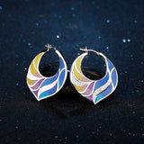 Colorful Peacock Feather Shape Hoop Earrings 925 Sterling Silver Enamel Jewelry
