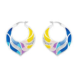 Colorful Peacock Feather Shape Hoop Earrings 925 Sterling Silver Enamel Jewelry