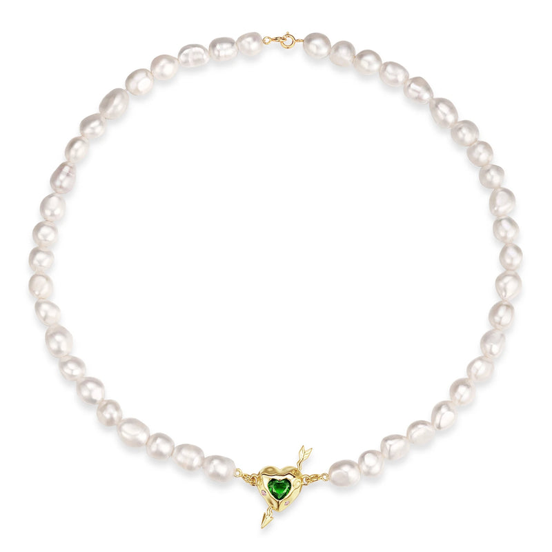 925 Silver Cupid's Arrow Heart Necklace with Green Stone & Pearl