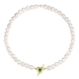 925 Silver Cupid's Arrow Heart Necklace with Green Stone & Pearl