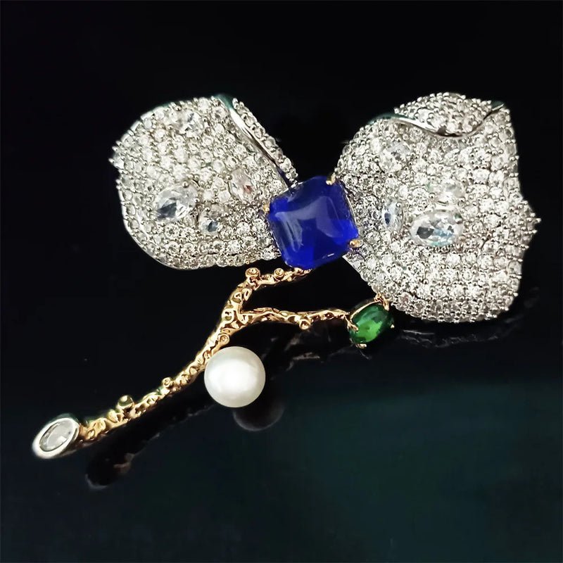 Cubic Zircon Leaves Brooches Freshwater Pearl Corsage