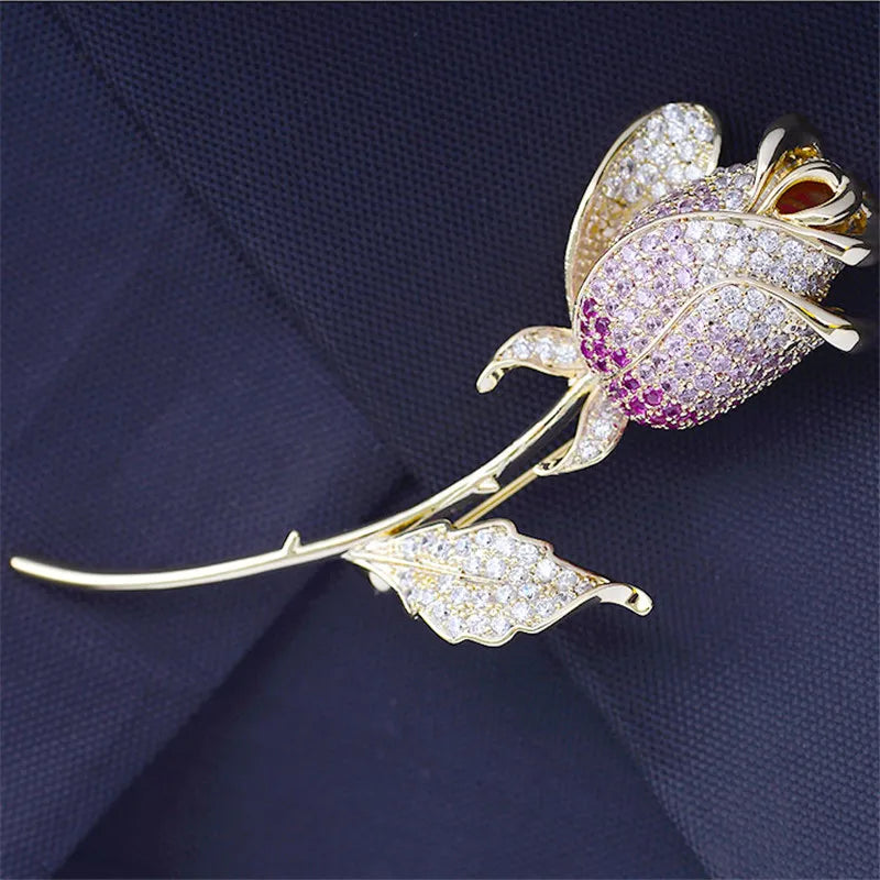 Red Rose Brooch Pin Micro Pave Zircon Corsage Women Jewelry