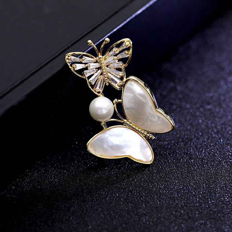 Zirconia Butterfly Brooch with Pearl Shell Animal Pin