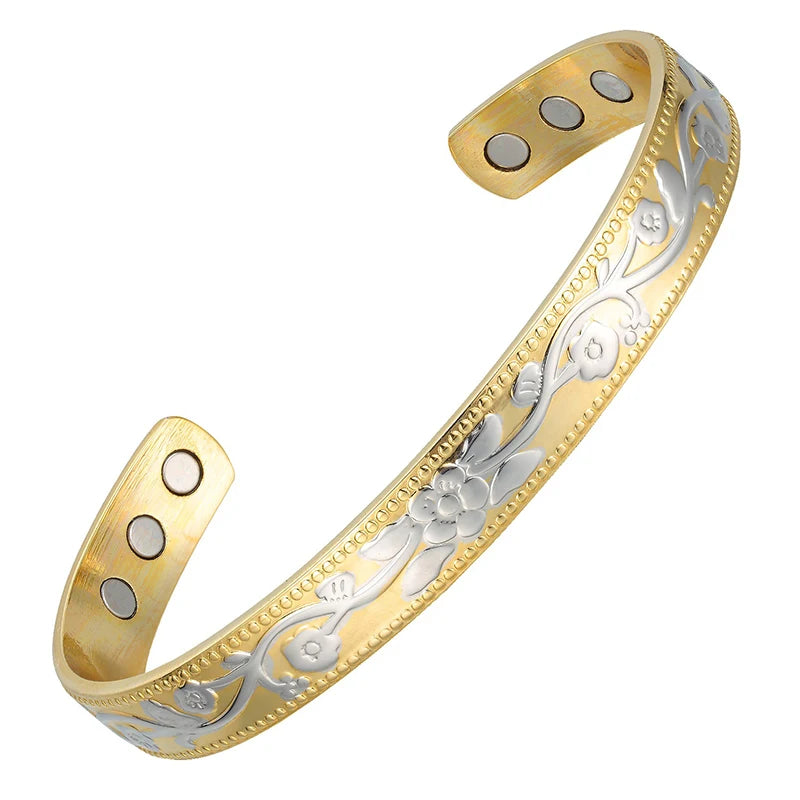 Copper Bracelet Magnet Therapy Bangle with Flower Carving Charm Bracelet