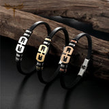 Geometric Leather Cuff Bracelet Stainless Steel Jewelry Women Men