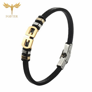 Geometric Leather Cuff Bracelet Stainless Steel Jewelry Women Men