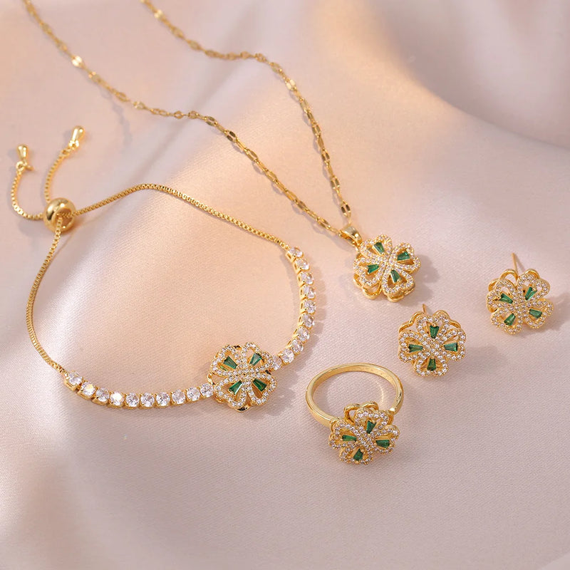 Flower Ring Stud Earrings Necklace Bracelets Set