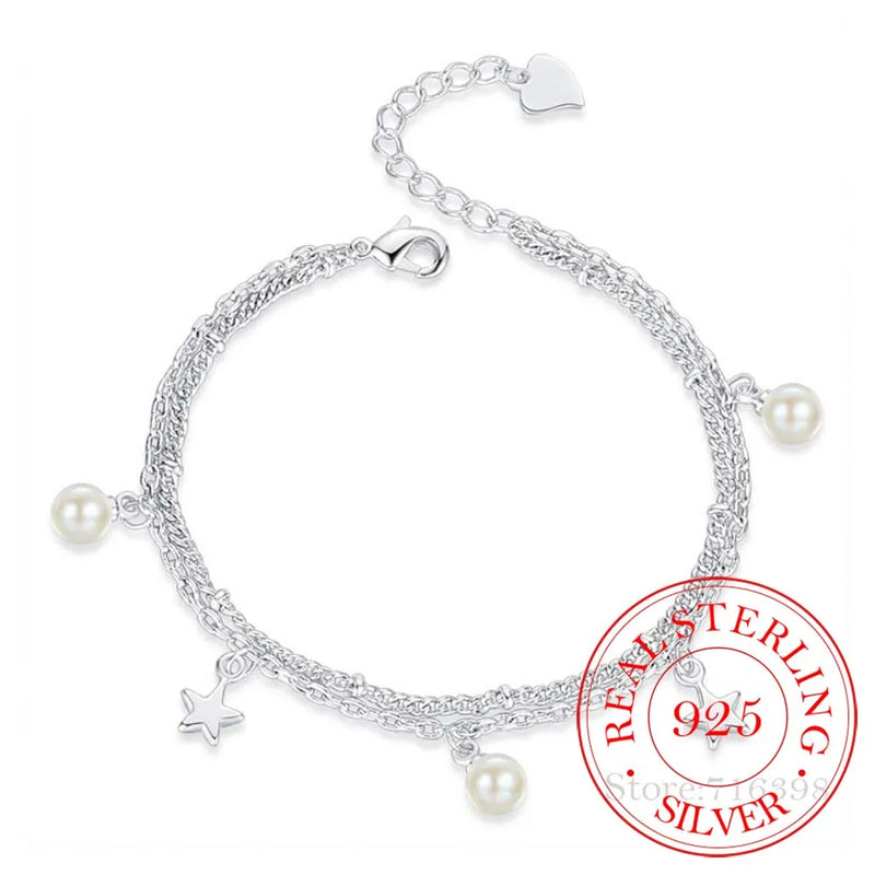 925 Silver Pearl Star Charm Bracelets Women Valentine's Gift Double Layer Chain