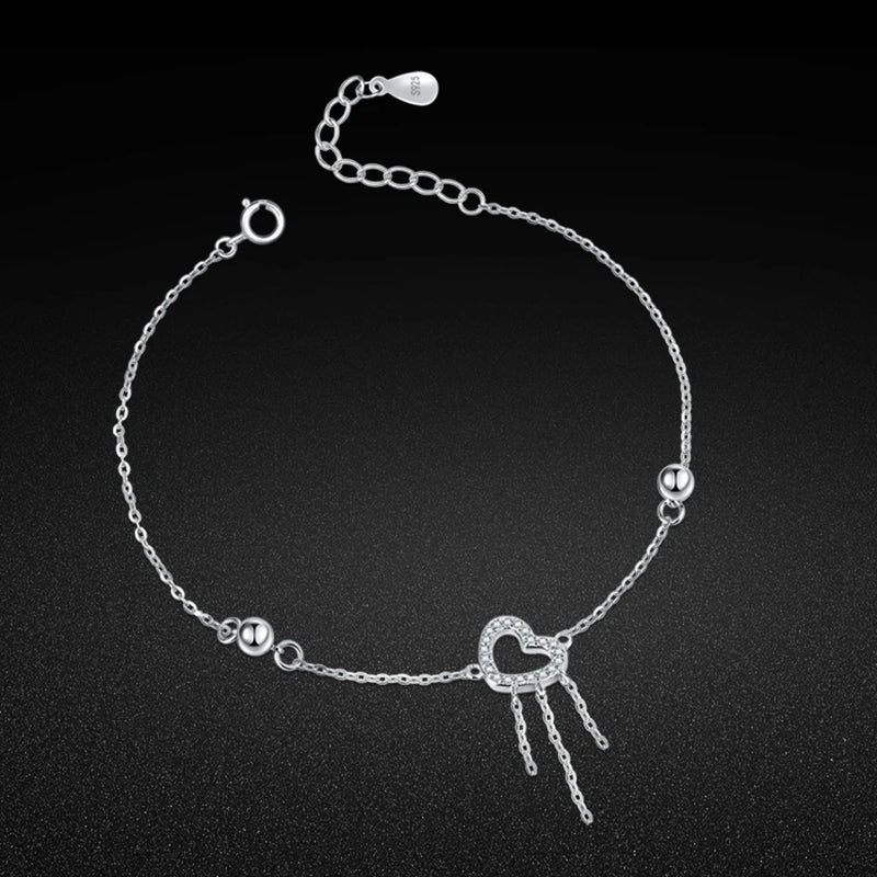 Silver 925 Bracelet Tassel Heart Solid Silver Chain Charm Jewelry