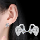 Lovely Kpop OL Woman Girl Wedding Leaf Buds Zircon Silver Stud Earrings