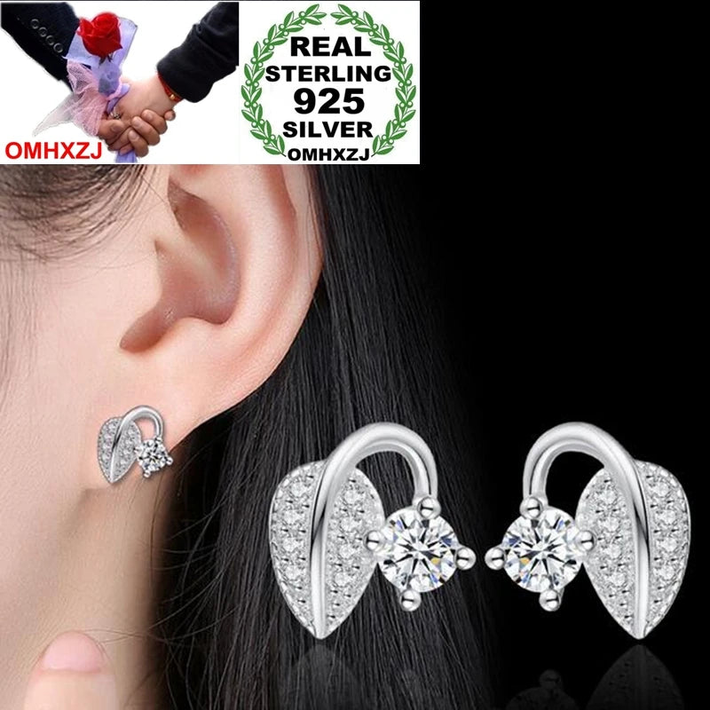 Lovely Kpop OL Woman Girl Wedding Leaf Buds Zircon Silver Stud Earrings