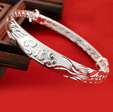 OMH Geometric Dragon Phoenix Woman Adjustable 999 Sterling Silver Bangle