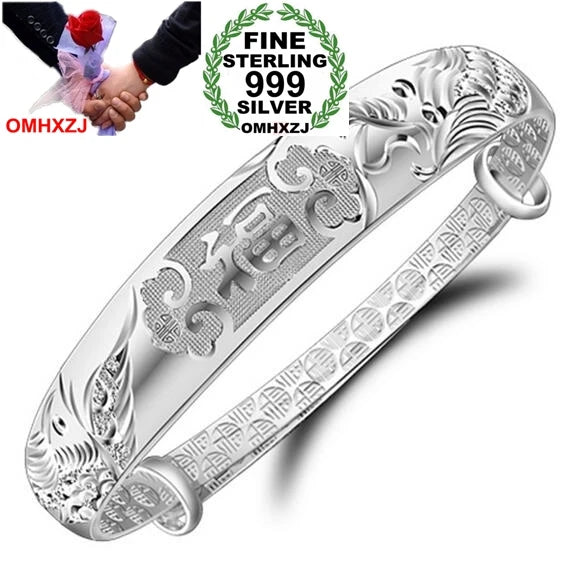 OMH Geometric Dragon Phoenix Woman Adjustable 999 Sterling Silver Bangle