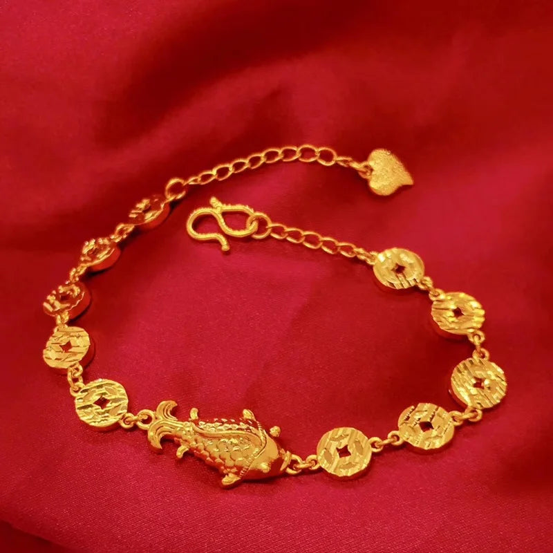 European Fine Woman Girl Party Birthday Wedding Carp Coin 24KT Bracelet Bangle