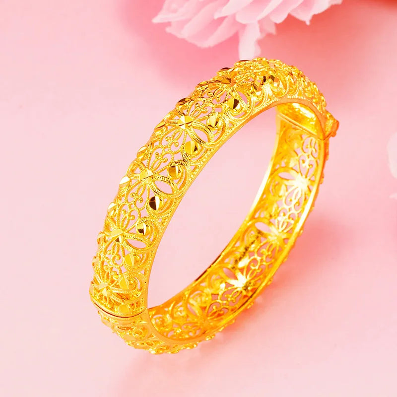 European Fine Hot Woman Hollow Flower 24KT Bracelet Bangle
