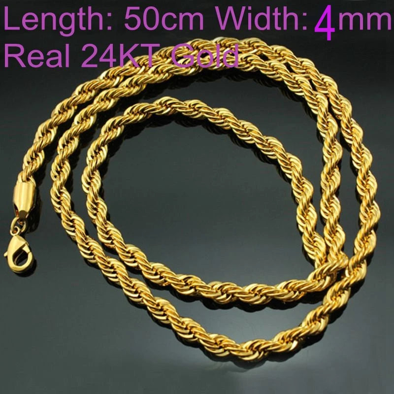 European Man Long Twisted Real 24KT Chain Necklace NL11