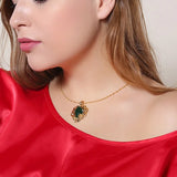 European Vintage Green Red Flower 24KT Pendant Necklace