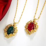 European Vintage Green Red Flower 24KT Pendant Necklace