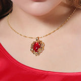 European Vintage Green Red Flower 24KT Pendant Necklace