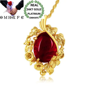 European Vintage Green Red Flower 24KT Pendant Necklace