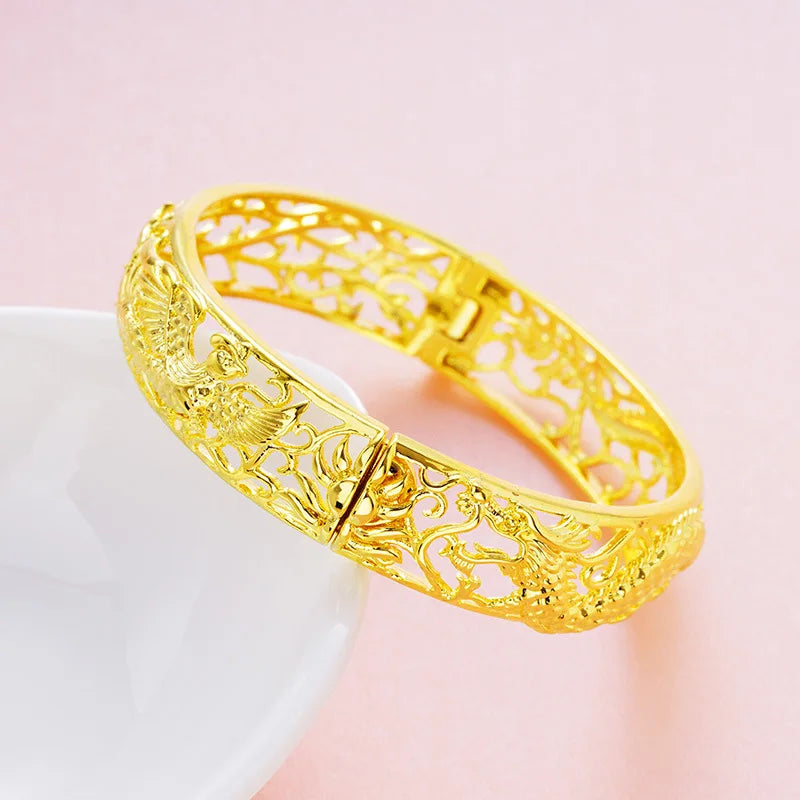 OMHXFC Vintage Hollow Dragon Phoenix 18KT Bangles Bracelets BE44