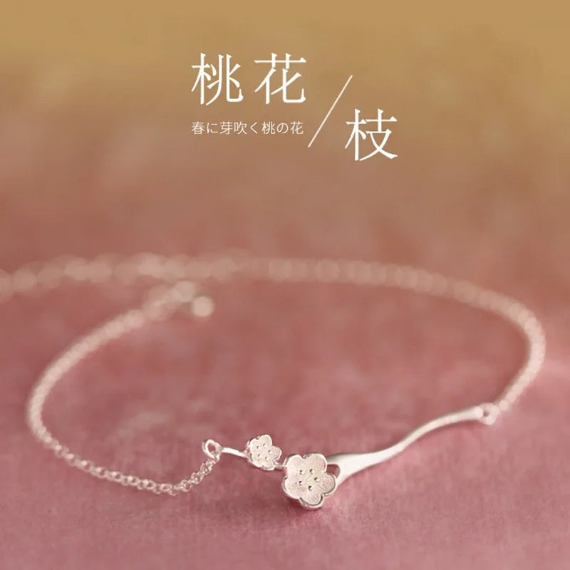 Peach Flower 925 Sterling Silver Bracelet European Fine Woman Girl Party Gift