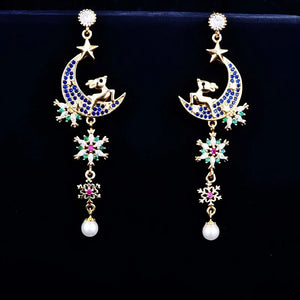 European WomanGirl Snowflake Deer Zircon StudEarrings