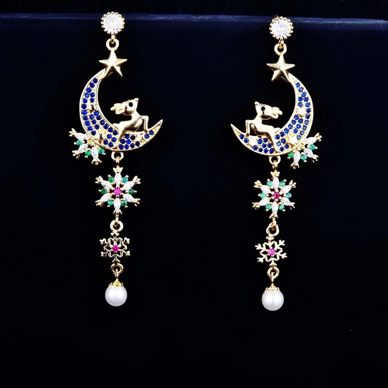 European WomanGirl Snowflake Deer Zircon StudEarrings