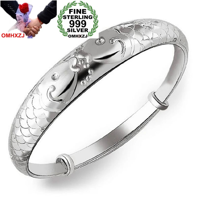 Ethnic Sweet Woman Child Double Fish 925 Silver Bangle SZ77